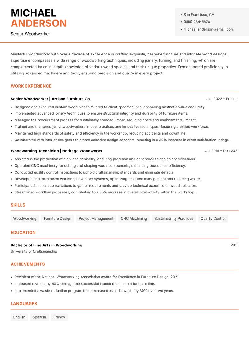 Woodworker resume sample — Senior Woodworker focus
