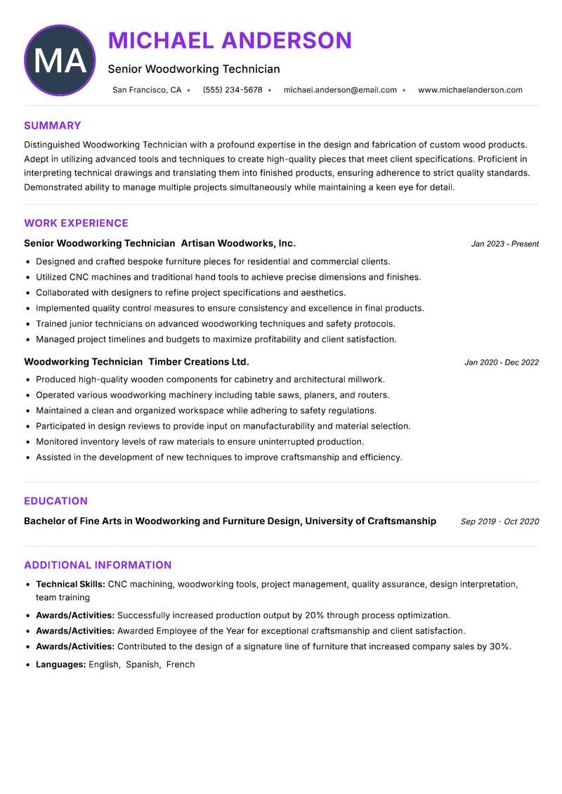 Woodworking Technician resume example