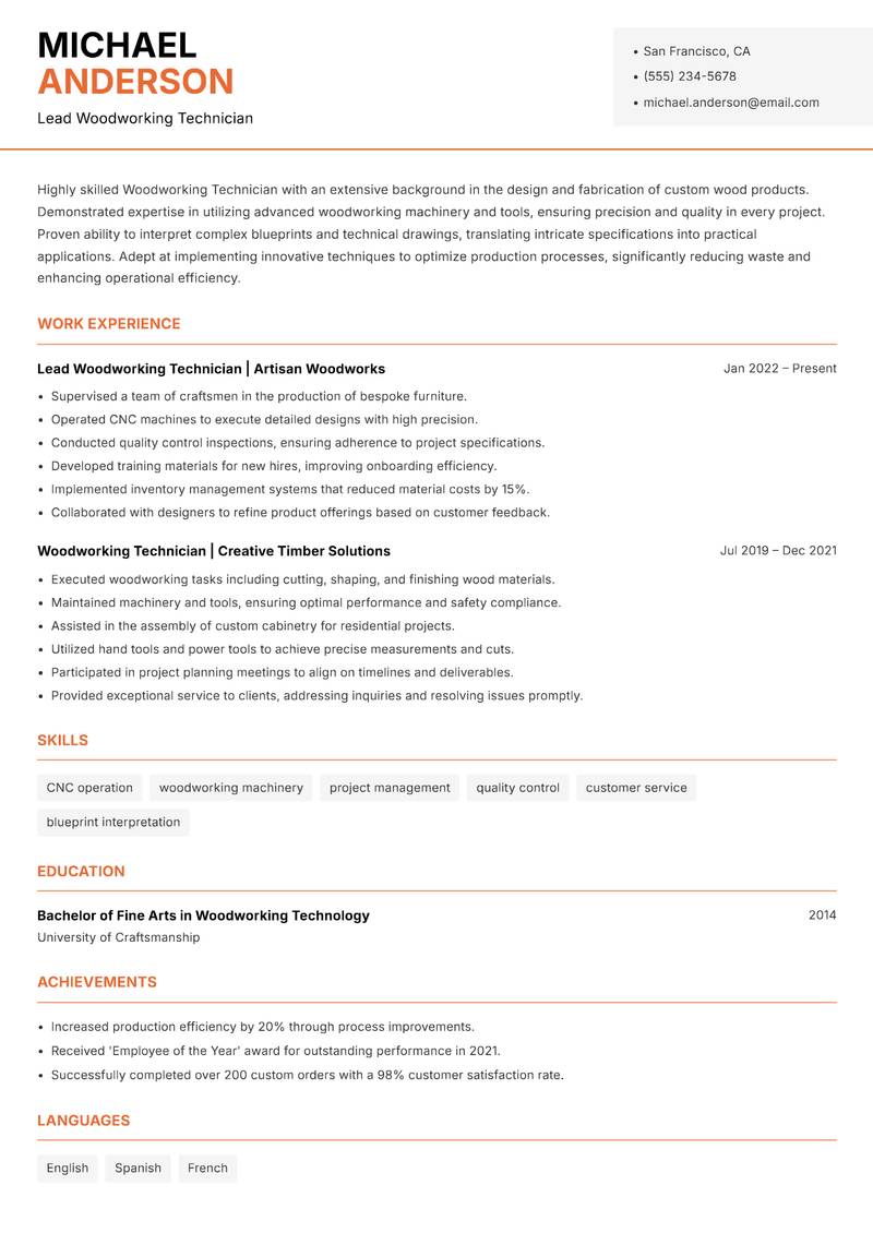 Woodworking Technician resume sample — Lead Woodworking Technician focus