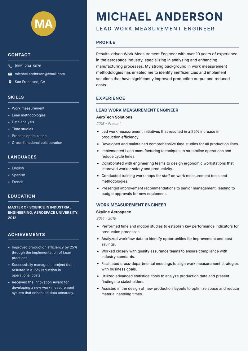 Work Measurement Engineer resume sample — Lead Work Measurement Engineer focus