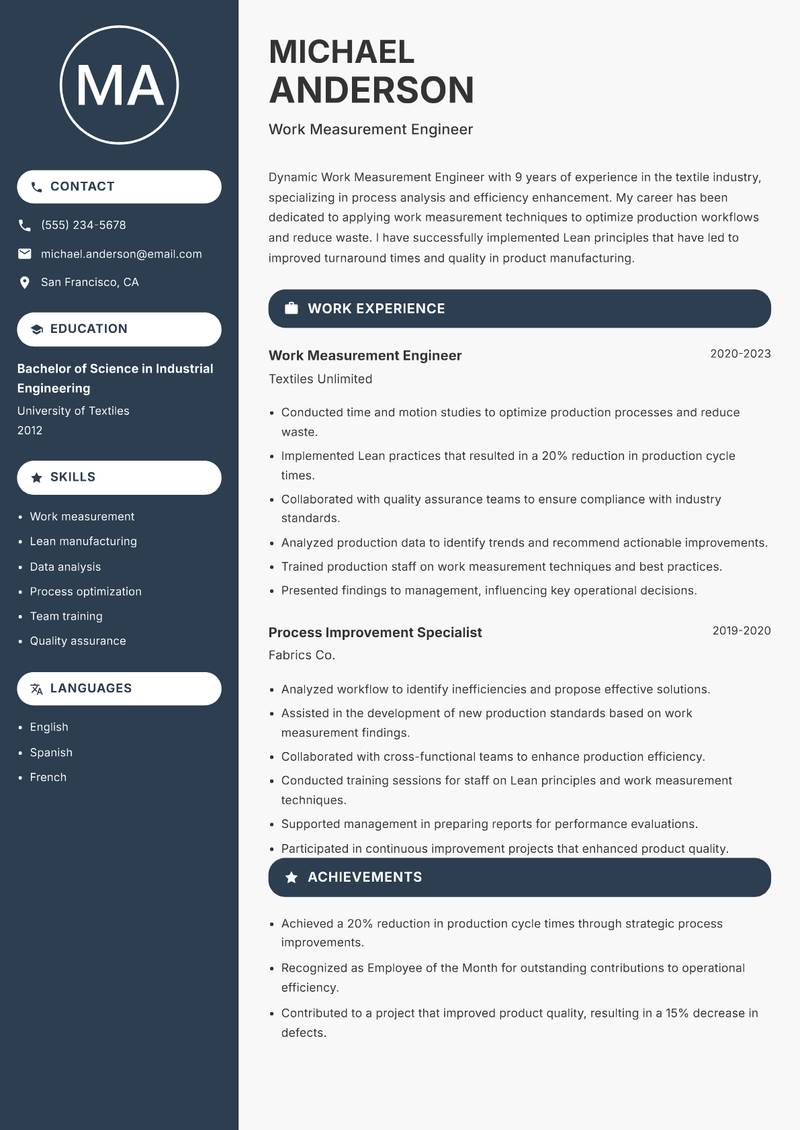 Work Measurement Engineer resume sample — Work Measurement Engineer focus