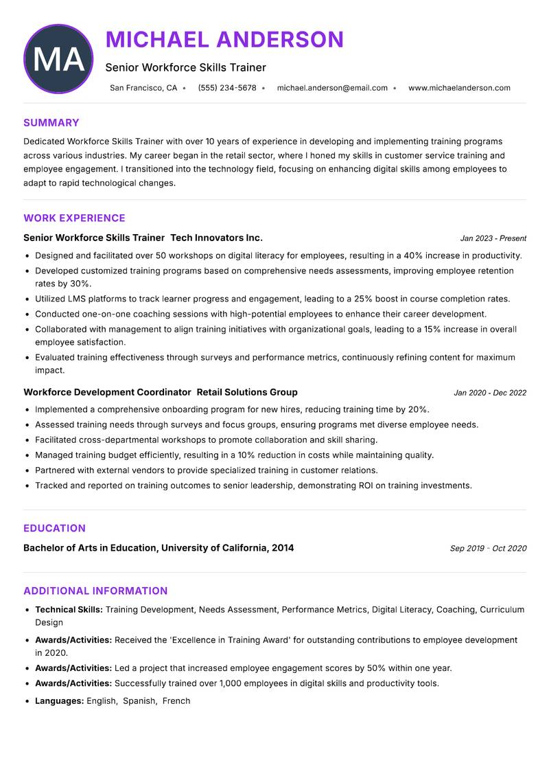 Workforce Skills Trainer resume example