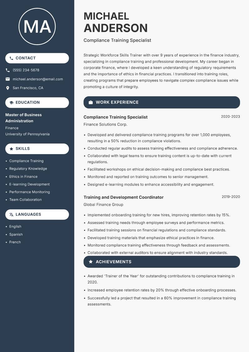 Workforce Skills Trainer resume sample — Compliance Training Specialist focus