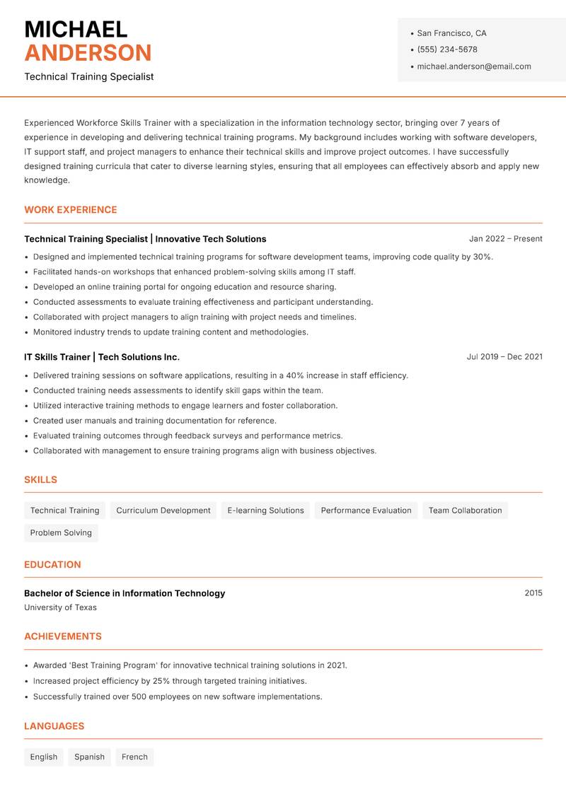 Workforce Skills Trainer resume sample — Technical Training Specialist focus