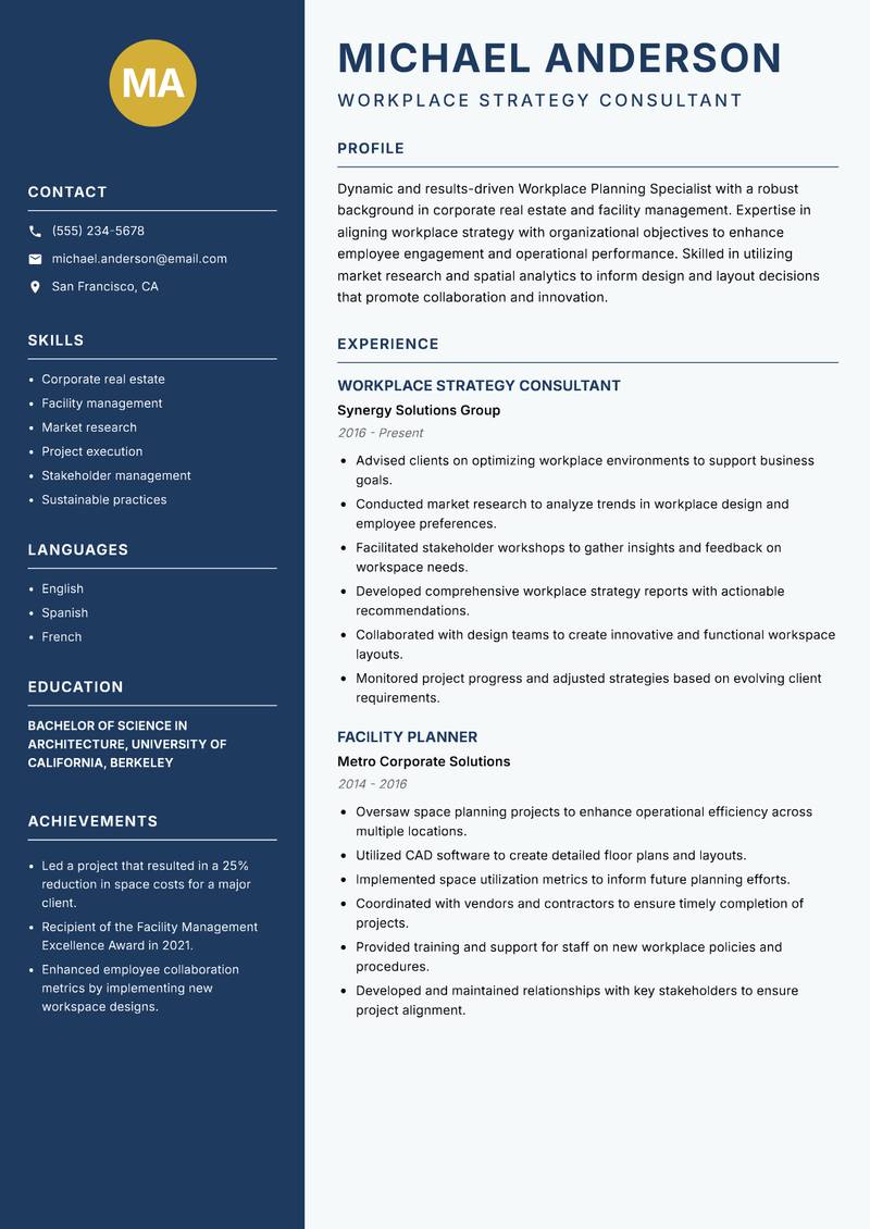 Workplace Planning Specialist resume sample — Workplace Strategy Consultant focus