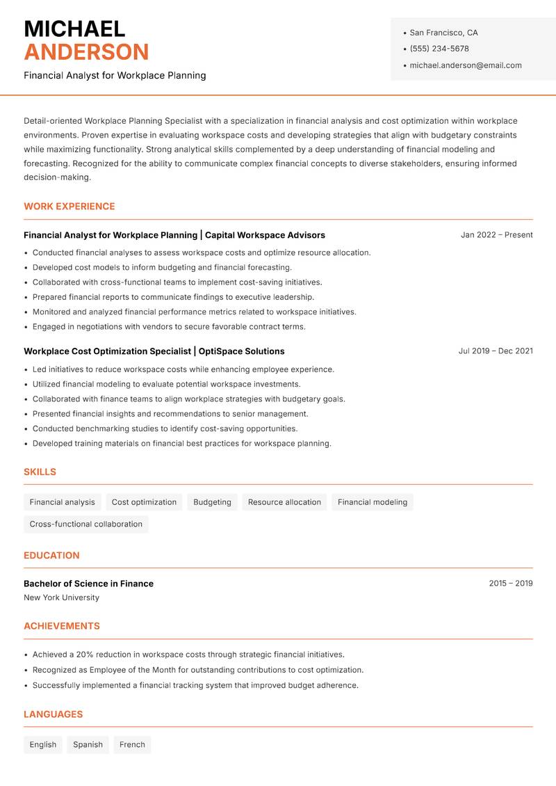 Workplace Planning Specialist resume sample — Financial Analyst for Workplace Planning focus