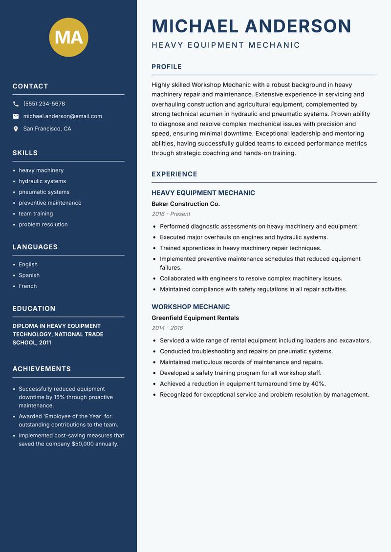Workshop Mechanic resume sample — Heavy Equipment Mechanic focus