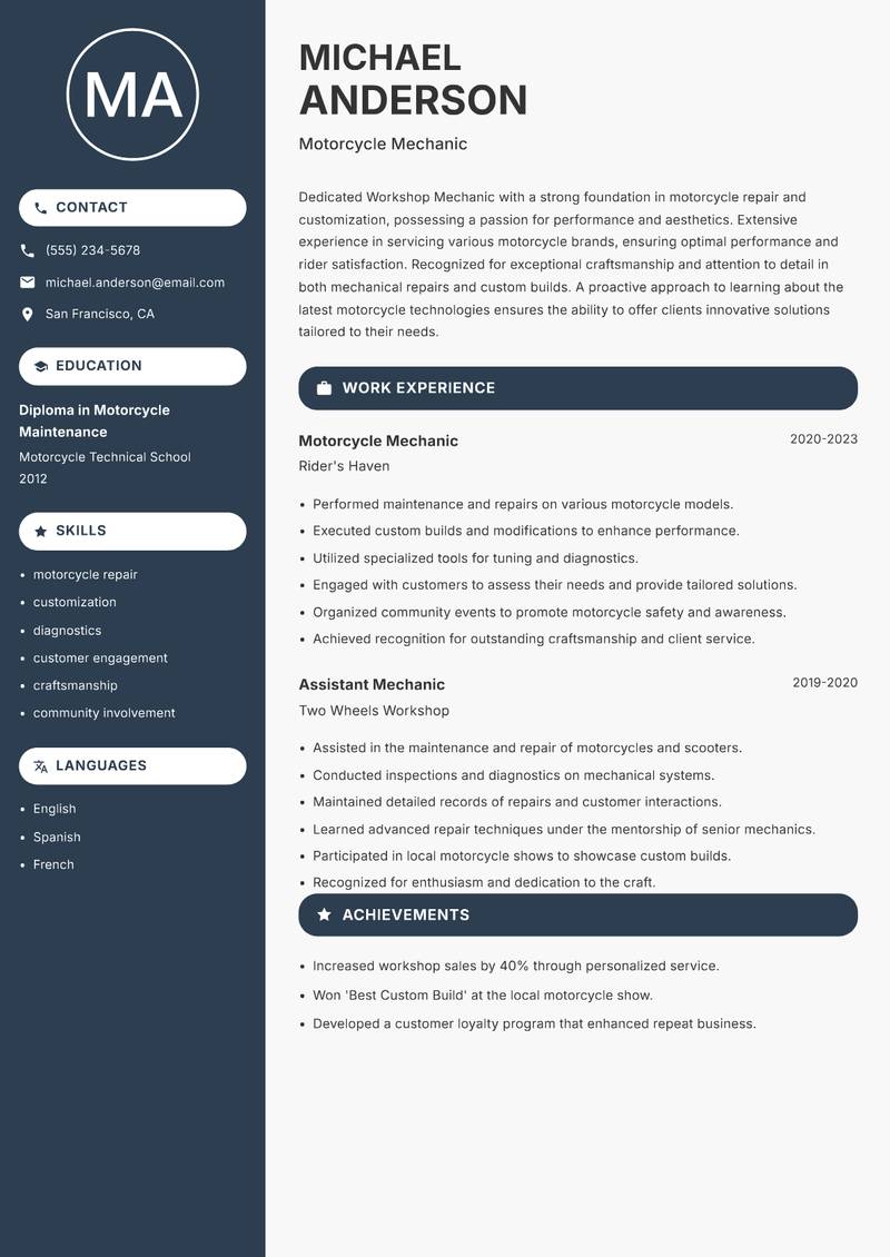Workshop Mechanic resume sample — Motorcycle Mechanic focus