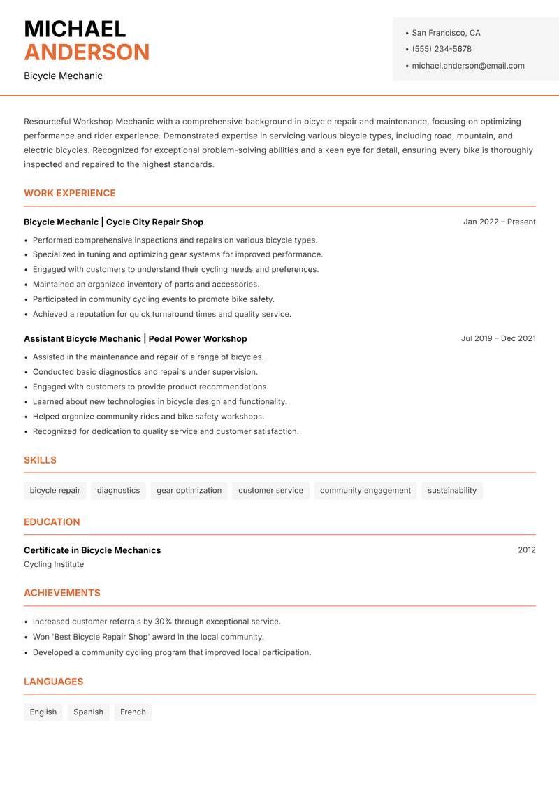 Workshop Mechanic resume sample — Bicycle Mechanic focus