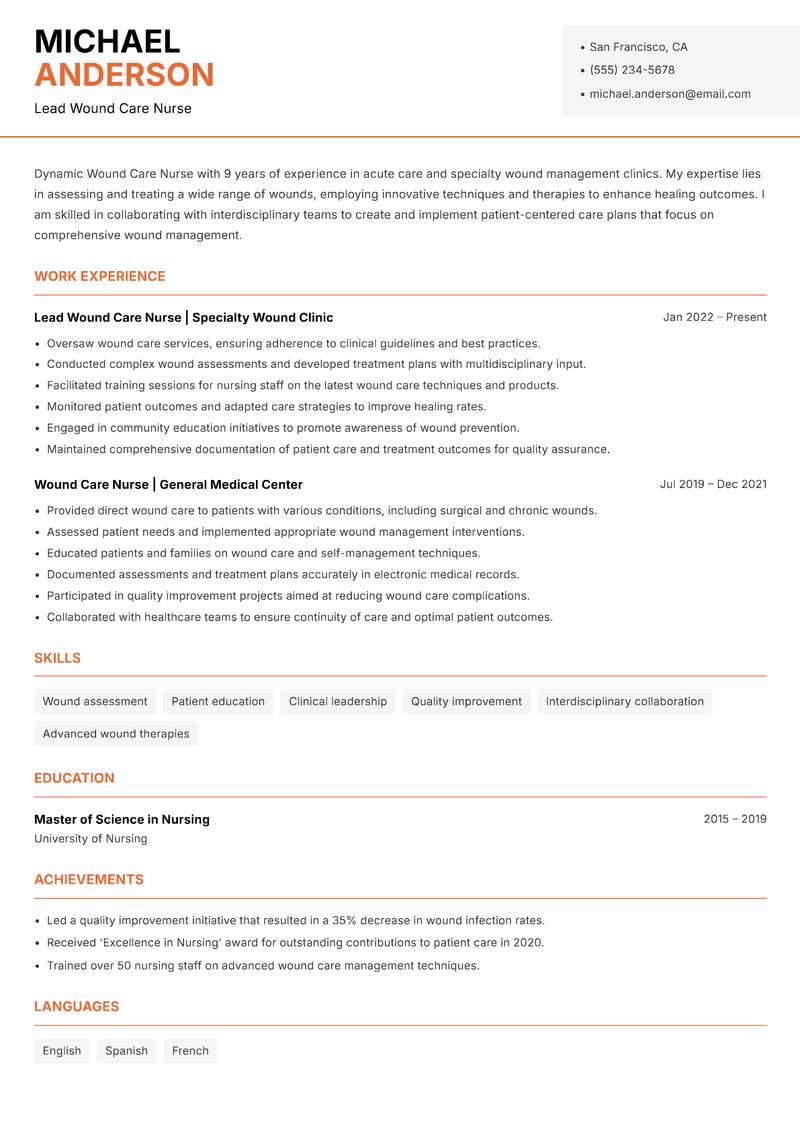 Wound Care Nurse resume sample — Lead Wound Care Nurse focus