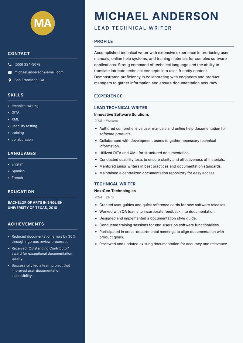 Writer resume sample — Lead Technical Writer focus