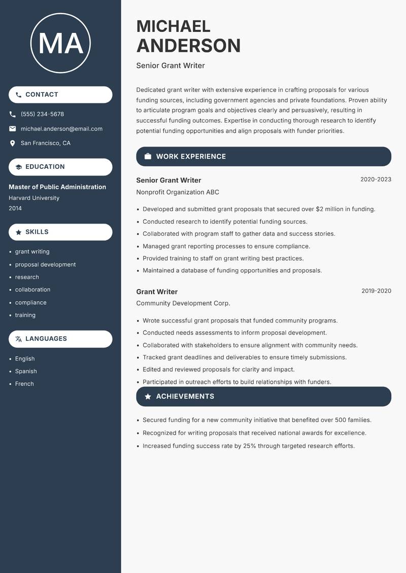 Writer resume sample — Senior Grant Writer focus