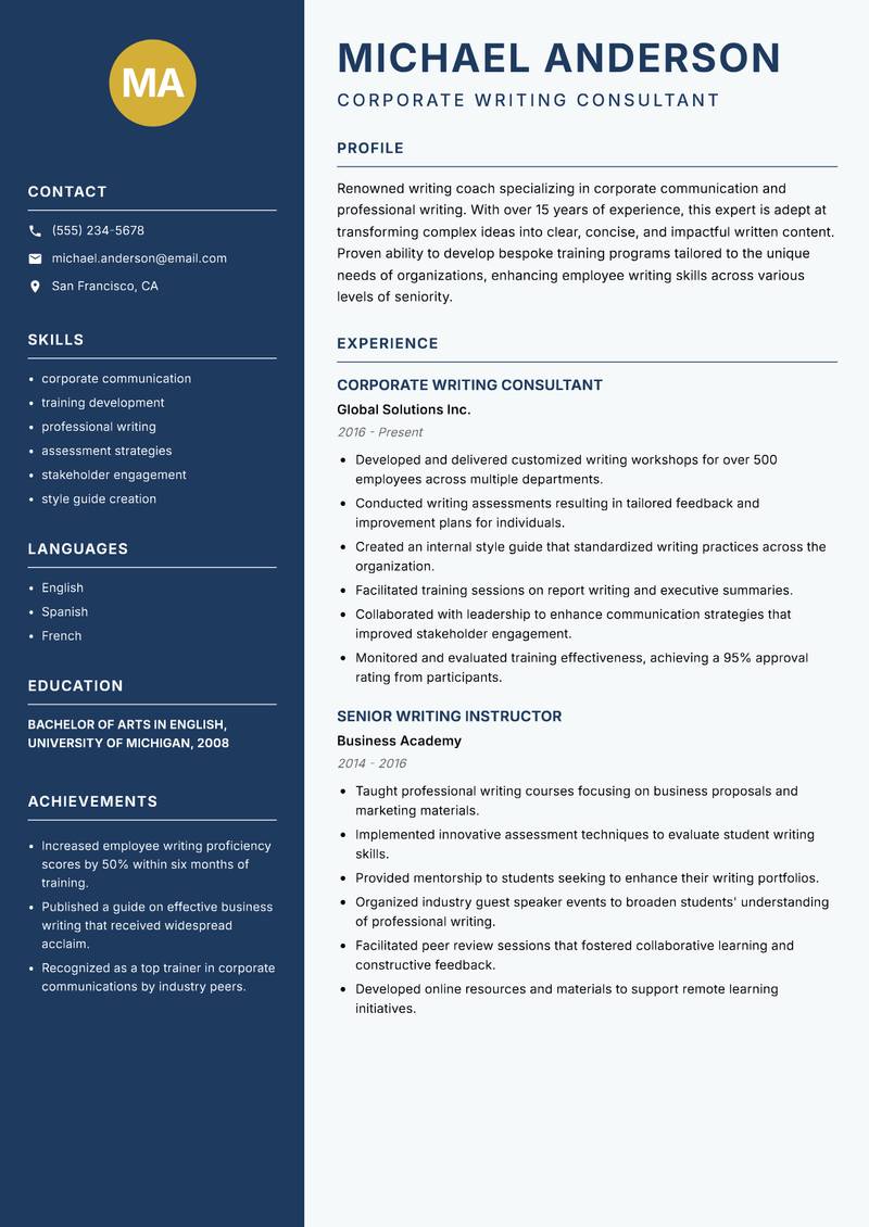 Writing Coach resume sample — Corporate Writing Consultant focus
