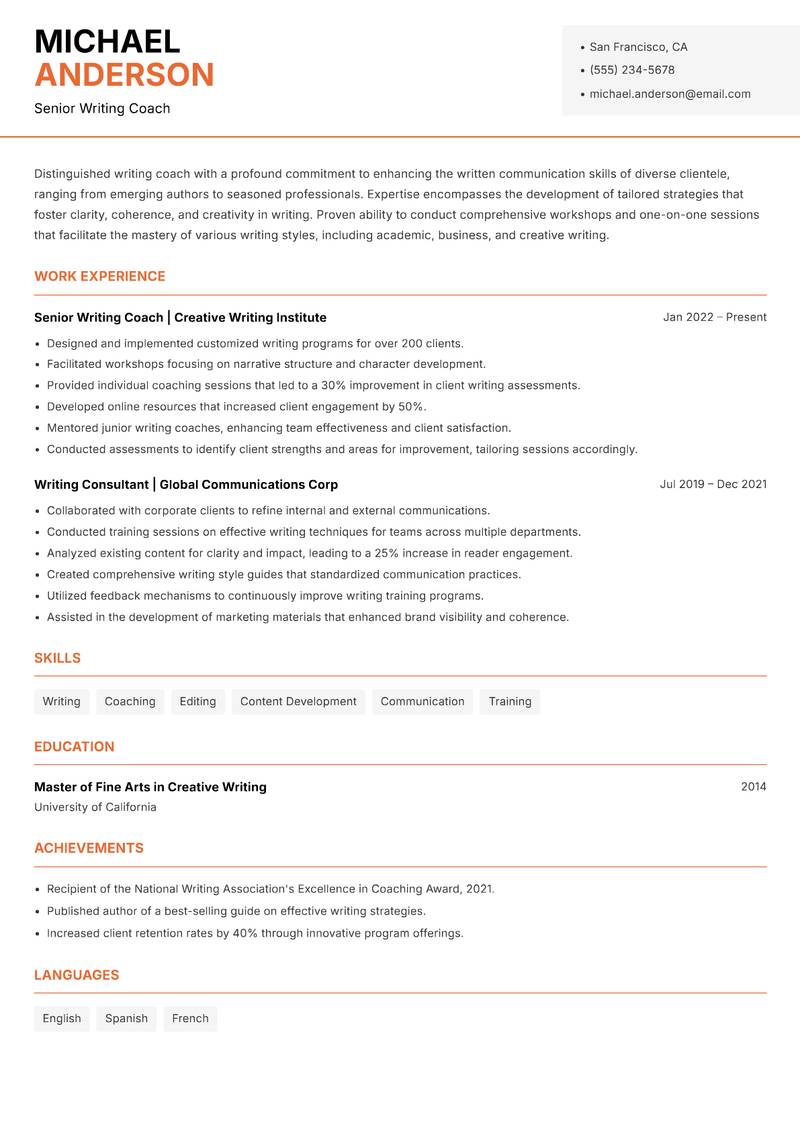 Writing Coach resume sample — Senior Writing Coach focus