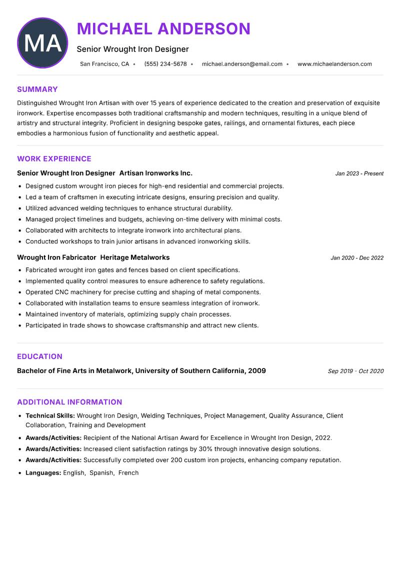 Wrought Iron Artisan resume example