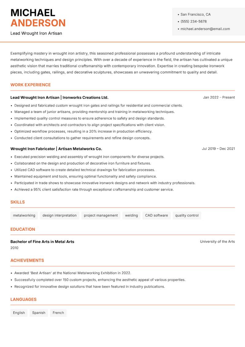 Wrought Iron Artisan resume sample — Lead Wrought Iron Artisan focus
