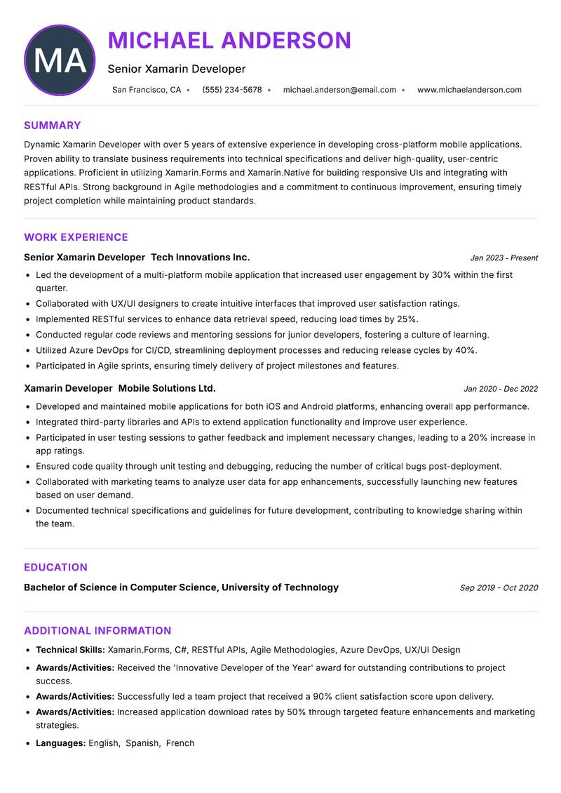 Xamarin Developer resume example