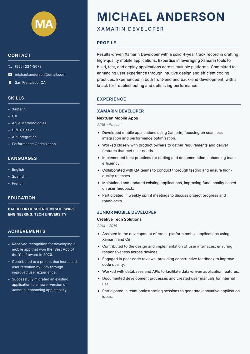 Xamarin Developer resume sample — Xamarin Developer focus