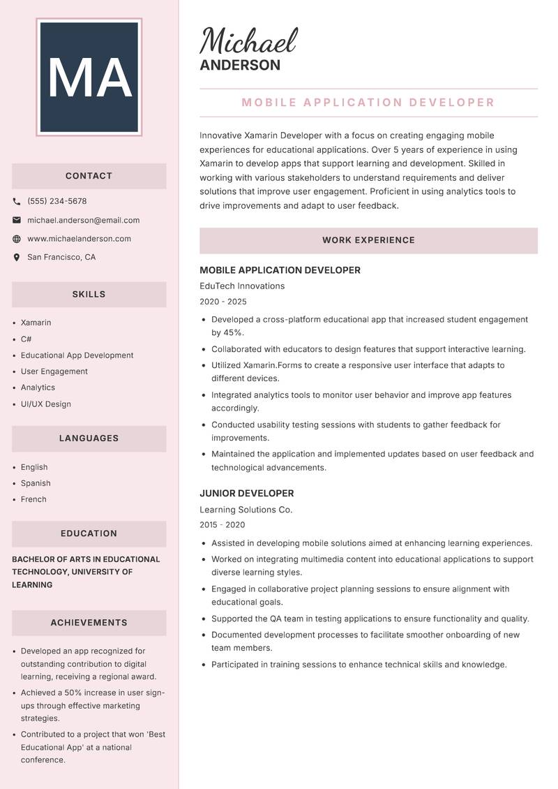 Xamarin Developer resume sample — Mobile Application Developer focus