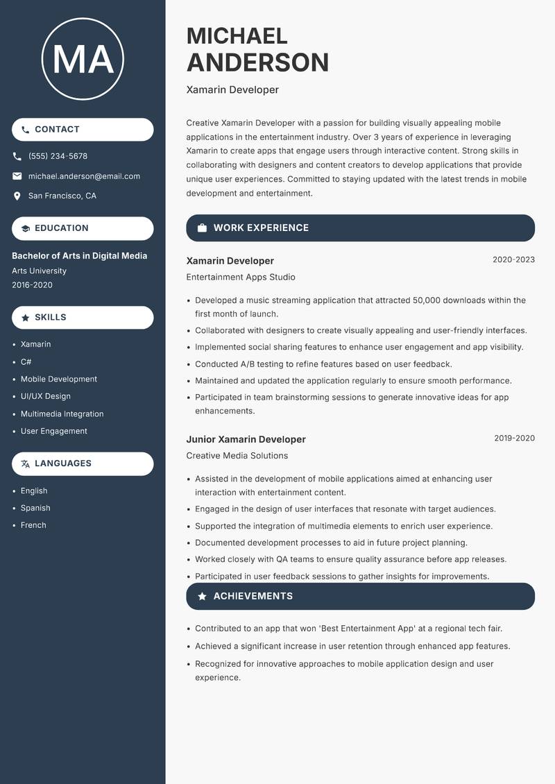 Xamarin Developer resume sample — Xamarin Developer focus