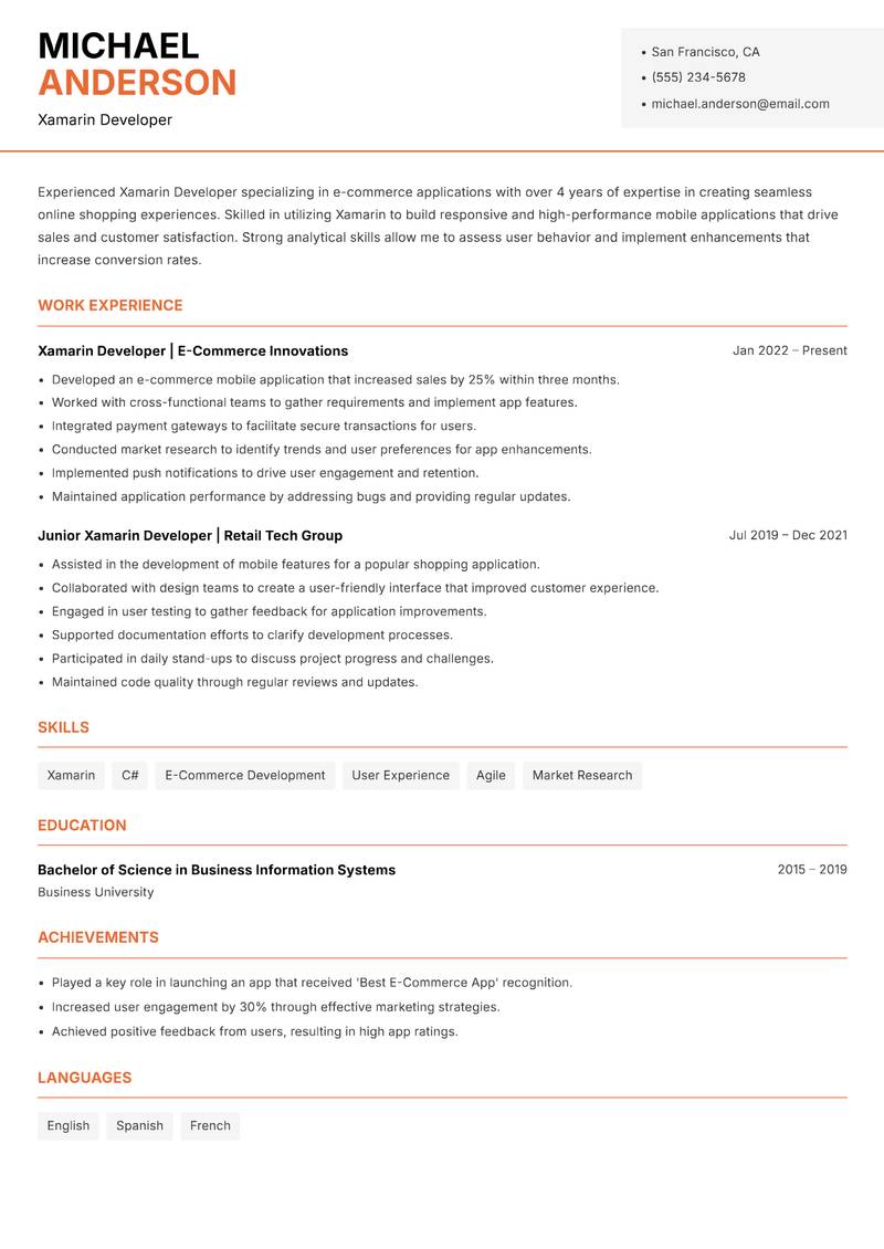 Xamarin Developer resume sample — Xamarin Developer focus