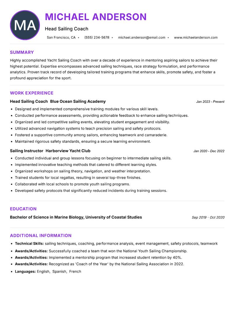 Yacht Sailing Coach resume example