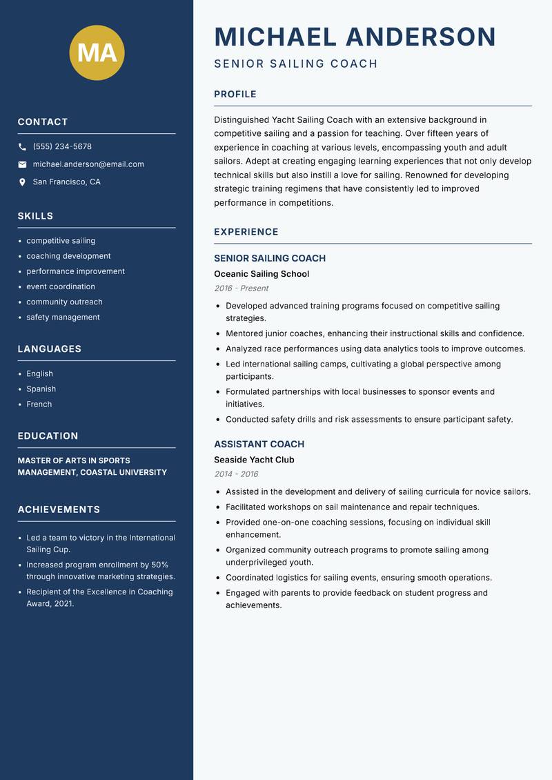Yacht Sailing Coach resume sample — Senior Sailing Coach focus