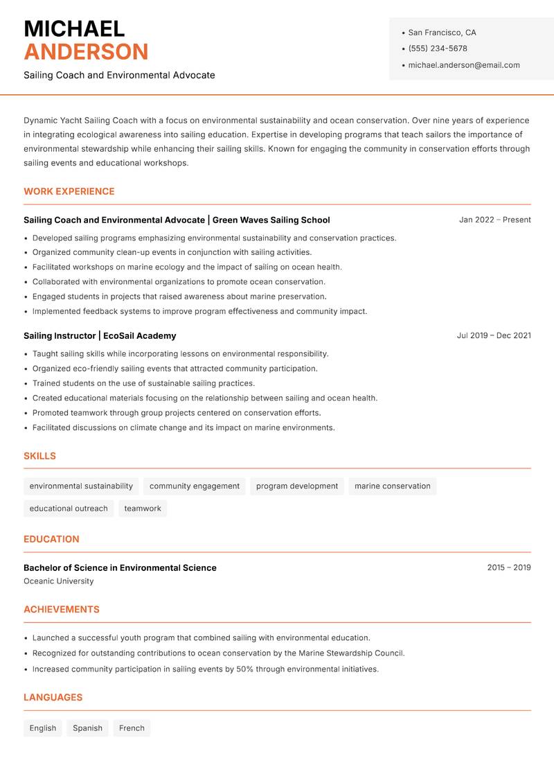 Yacht Sailing Coach resume sample — Sailing Coach and Environmental Advocate focus