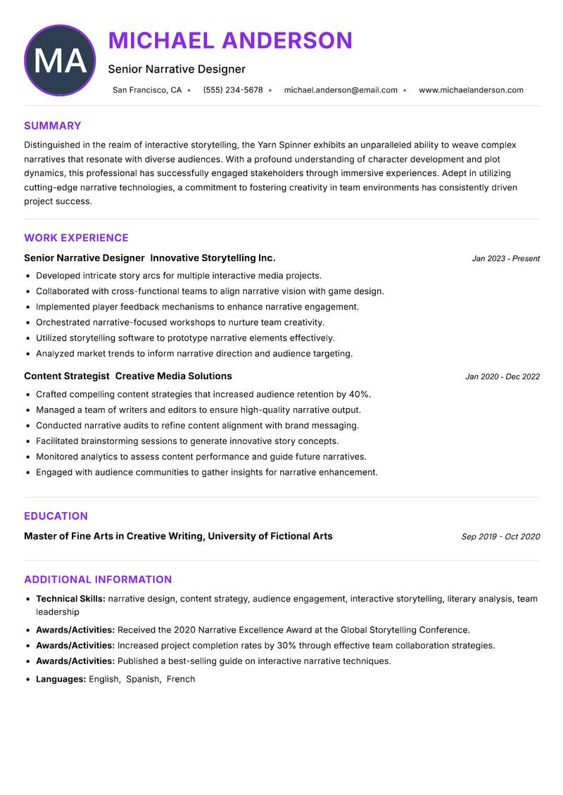 Yarn Spinner resume example