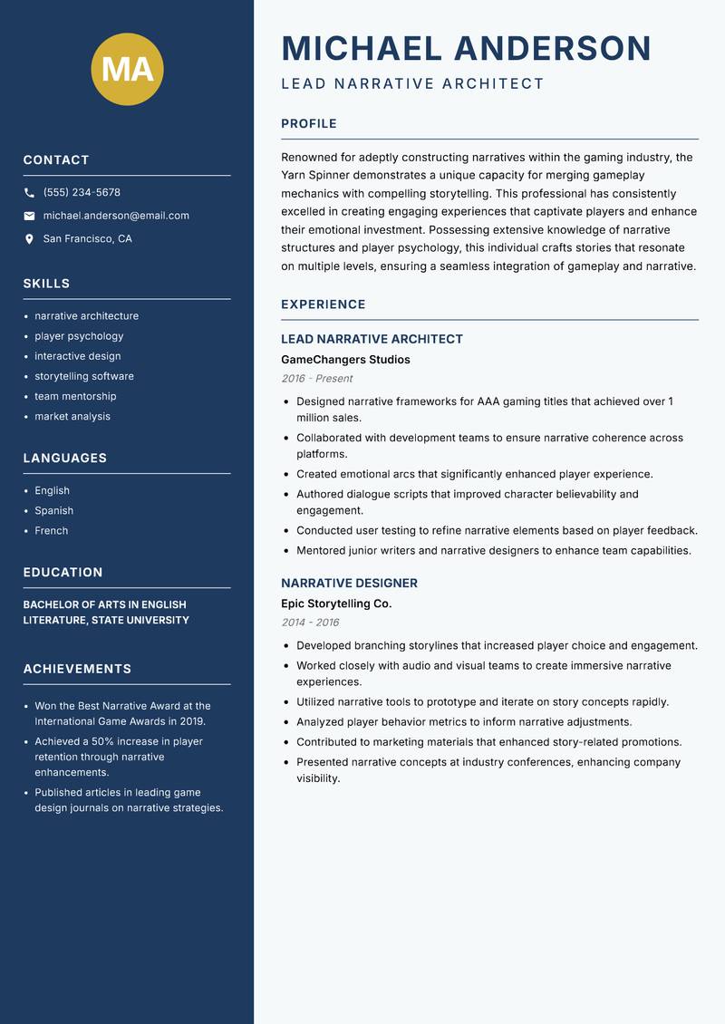 Yarn Spinner resume sample — Lead Narrative Architect focus