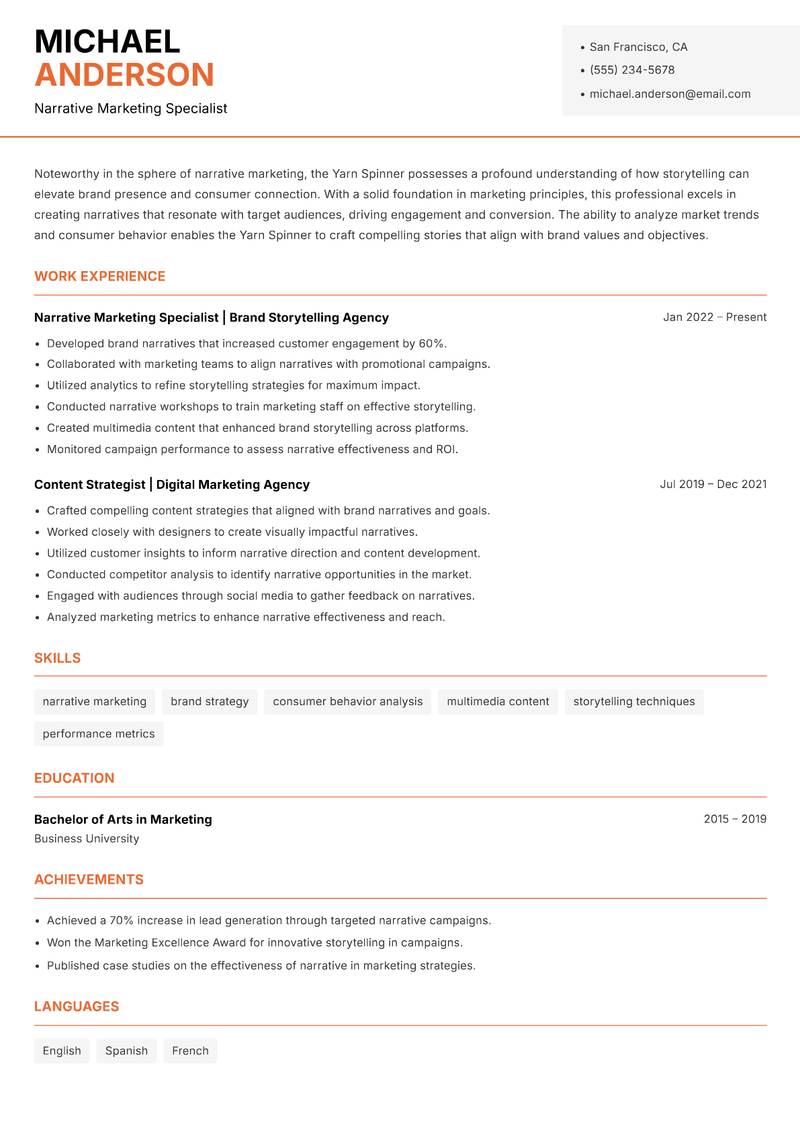 Yarn Spinner resume sample — Narrative Marketing Specialist focus
