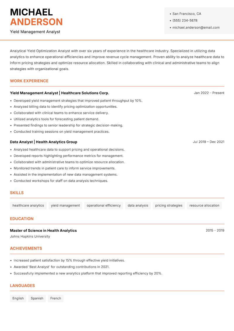 Yield Optimization Analyst resume sample — Yield Management Analyst focus