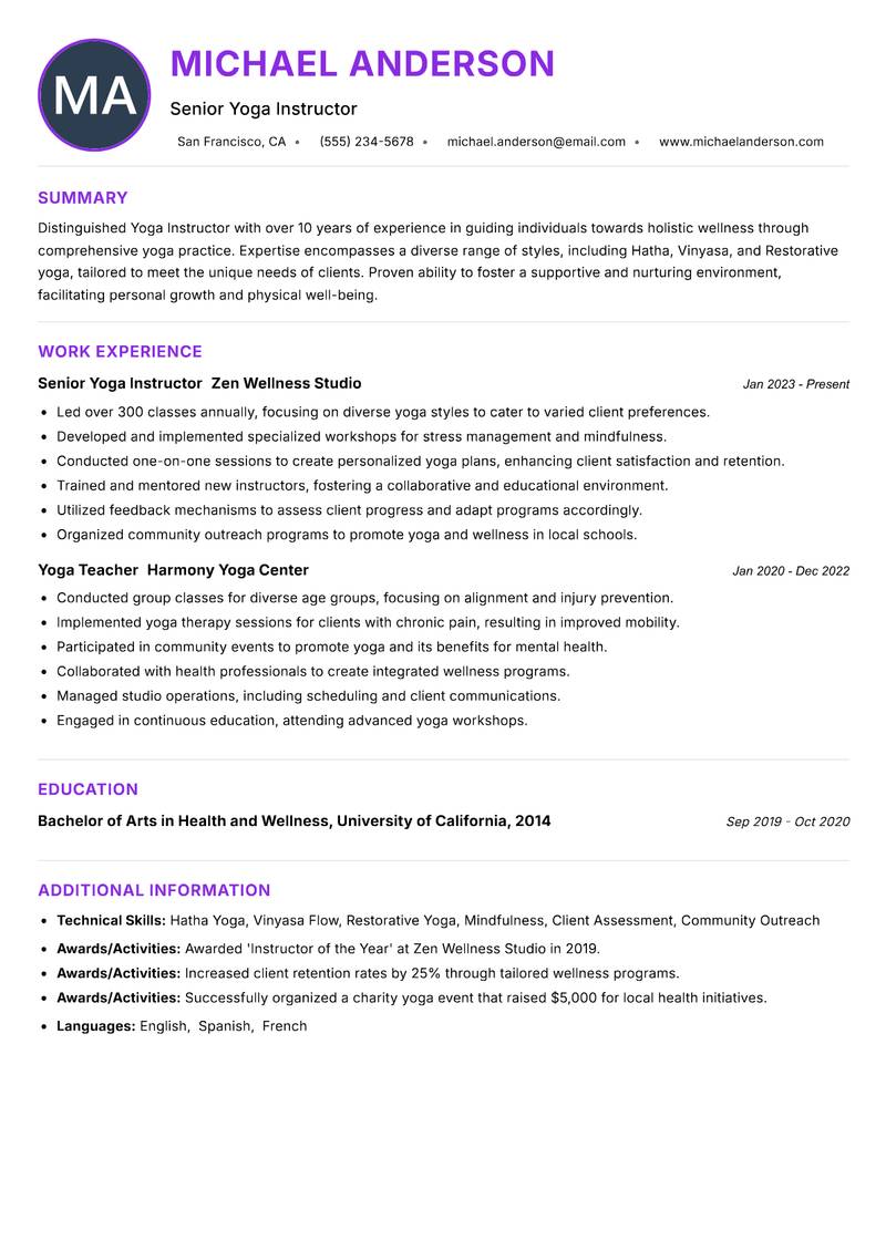 Yoga Instructor resume example