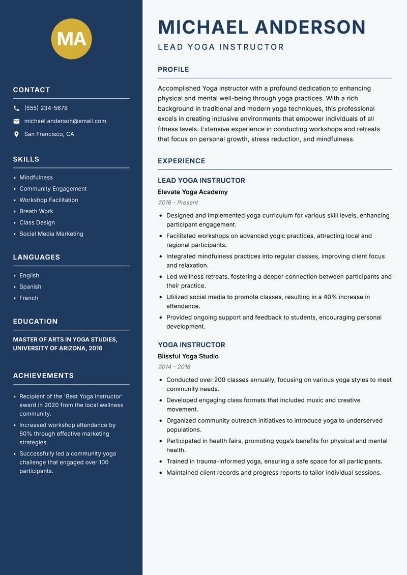 Yoga Instructor resume sample — Lead Yoga Instructor focus