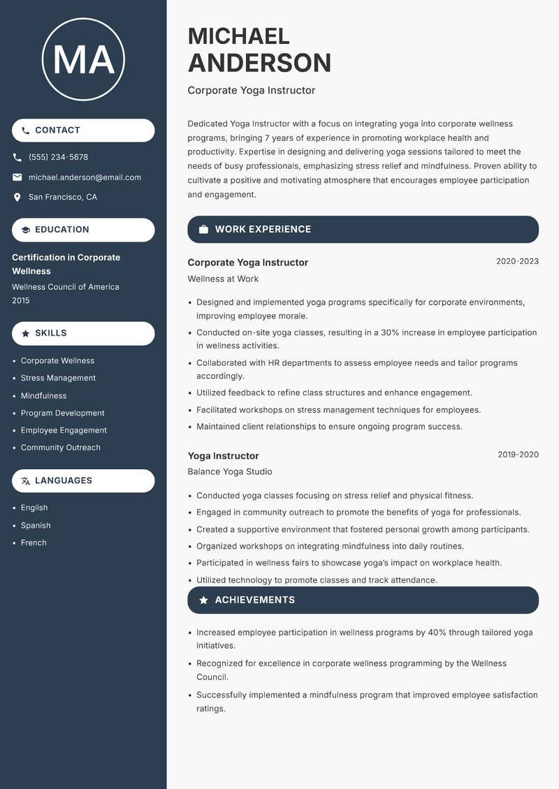 Yoga Instructor resume sample — Corporate Yoga Instructor focus