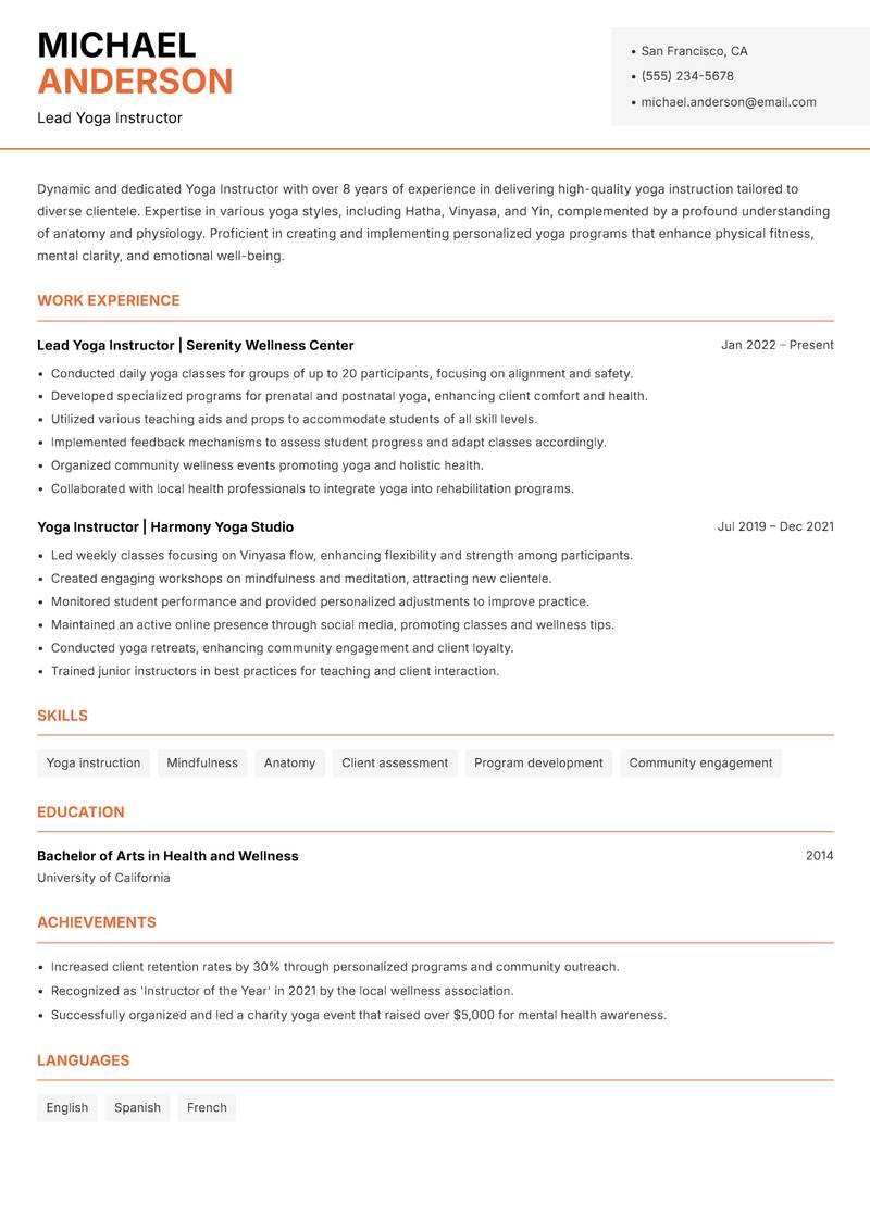 Yoga Instructor resume sample — Lead Yoga Instructor focus