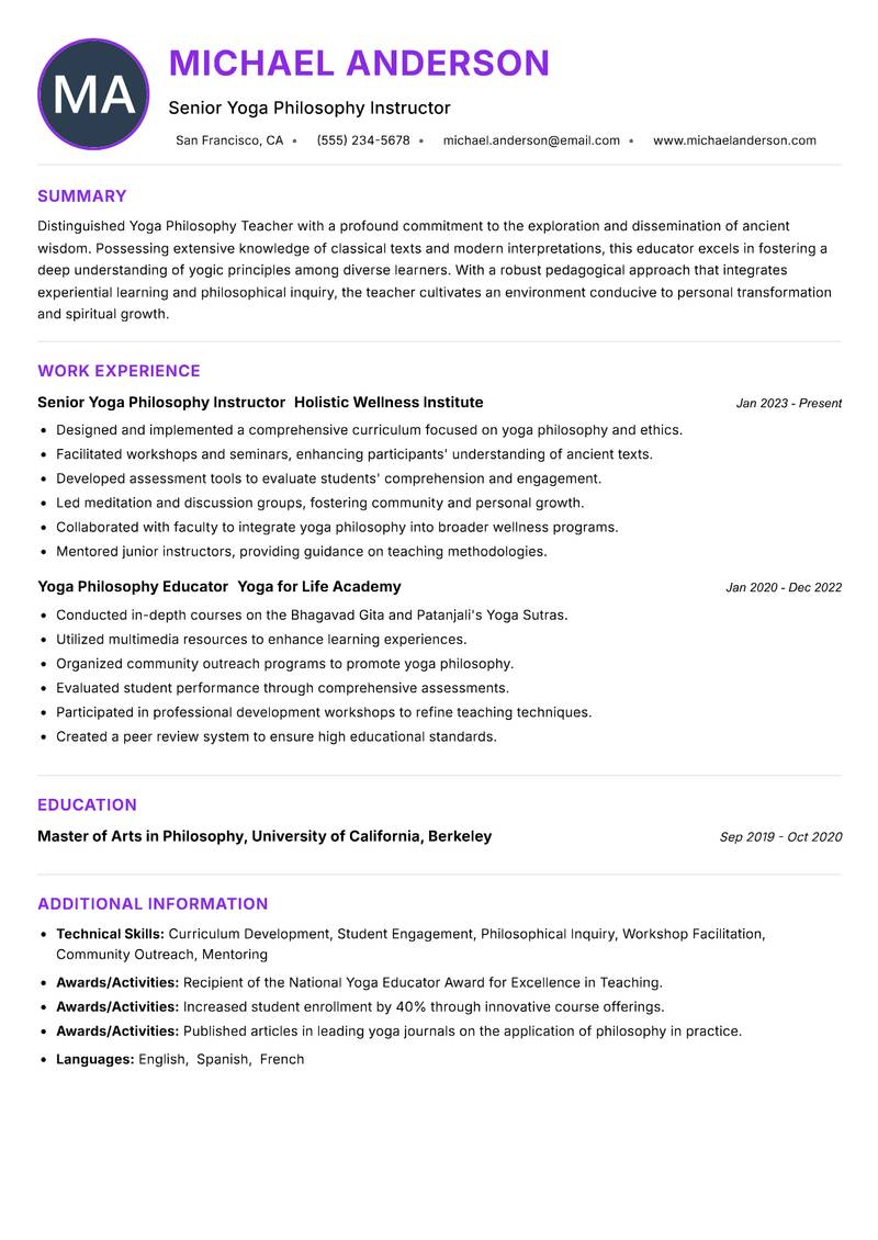 Yoga Philosophy Teacher resume example