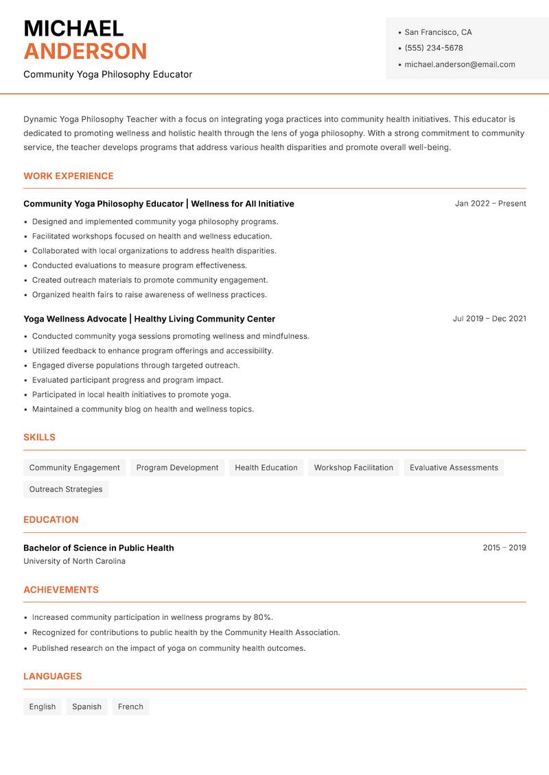 Yoga Philosophy Teacher resume sample — Community Yoga Philosophy Educator focus