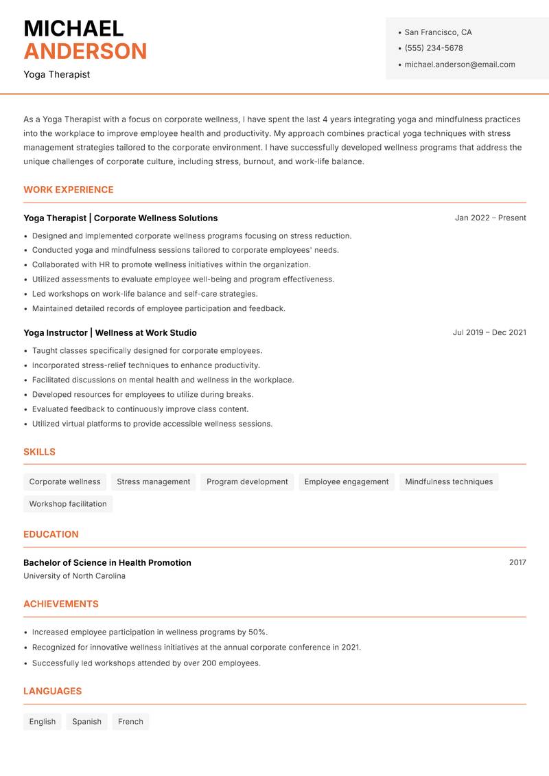 Yoga Therapist resume sample — Yoga Therapist focus
