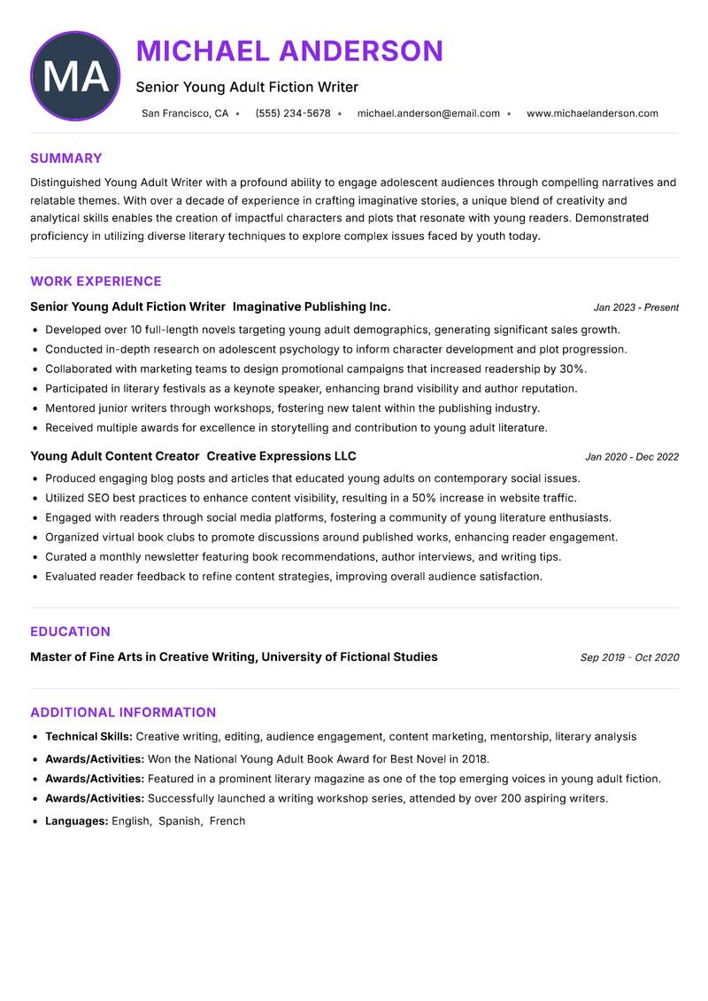 Young Adult Writer resume example