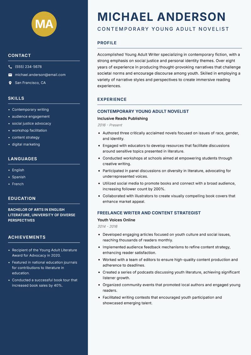 Young Adult Writer resume sample — Contemporary Young Adult Novelist focus