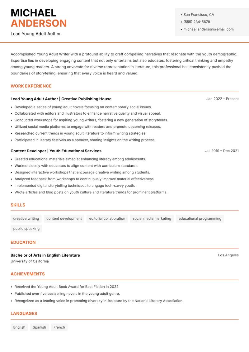 Young Adult Writer resume sample — Lead Young Adult Author focus