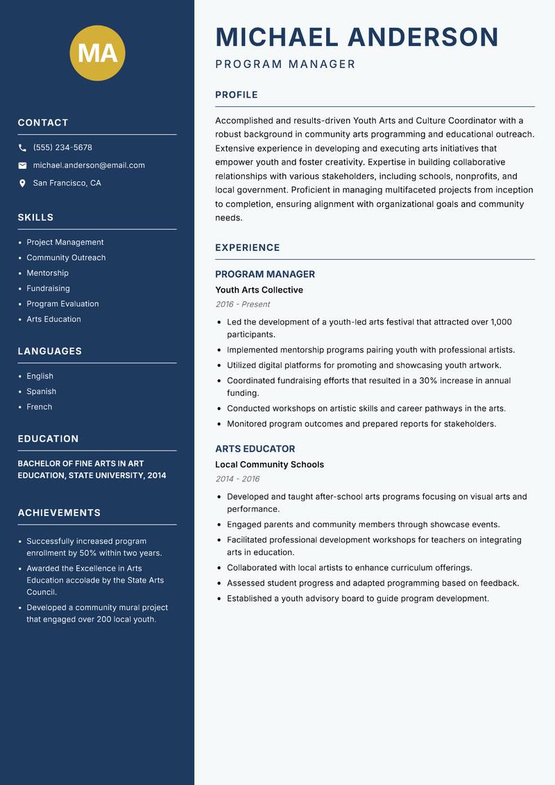 Youth Arts and Culture Coordinator resume sample — Program Manager focus