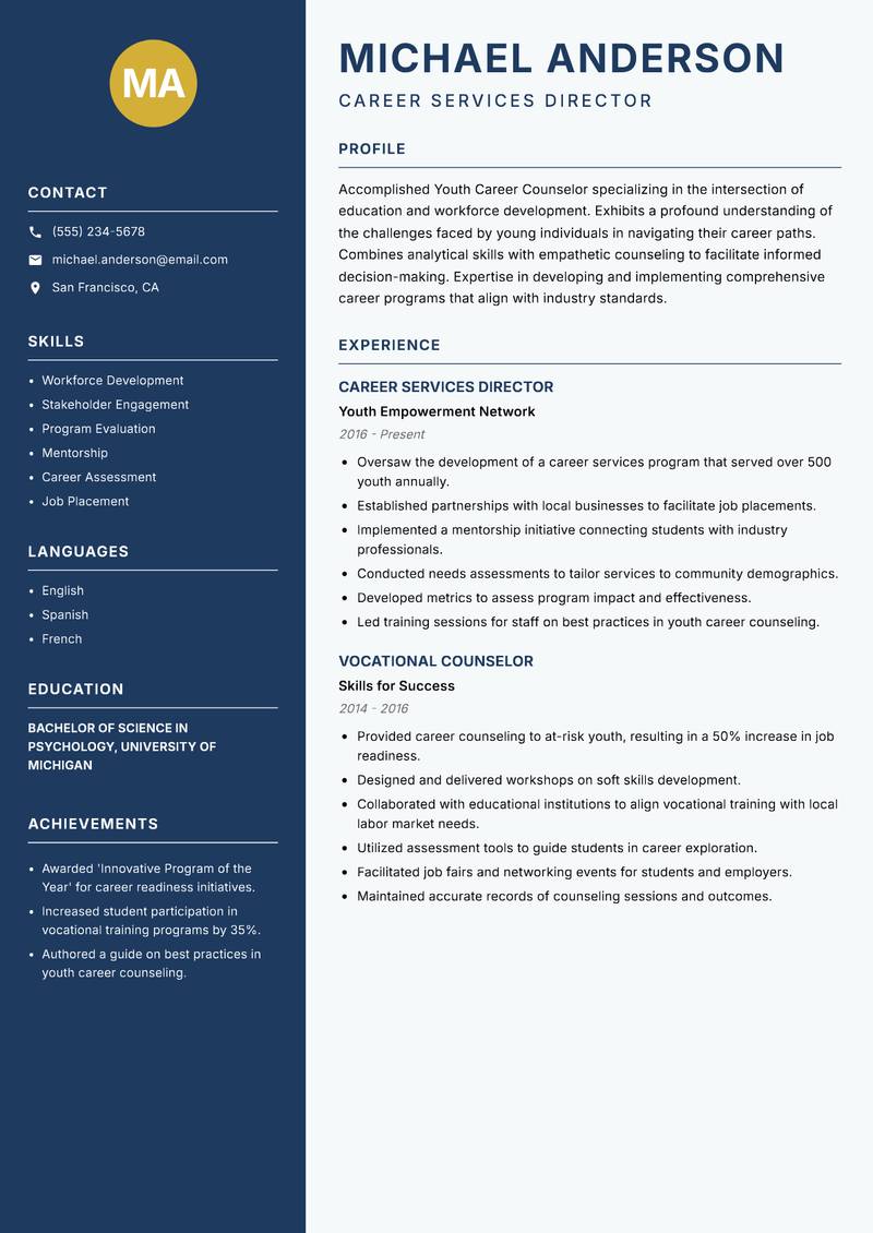 Youth Career Counselor resume sample — Career Services Director focus