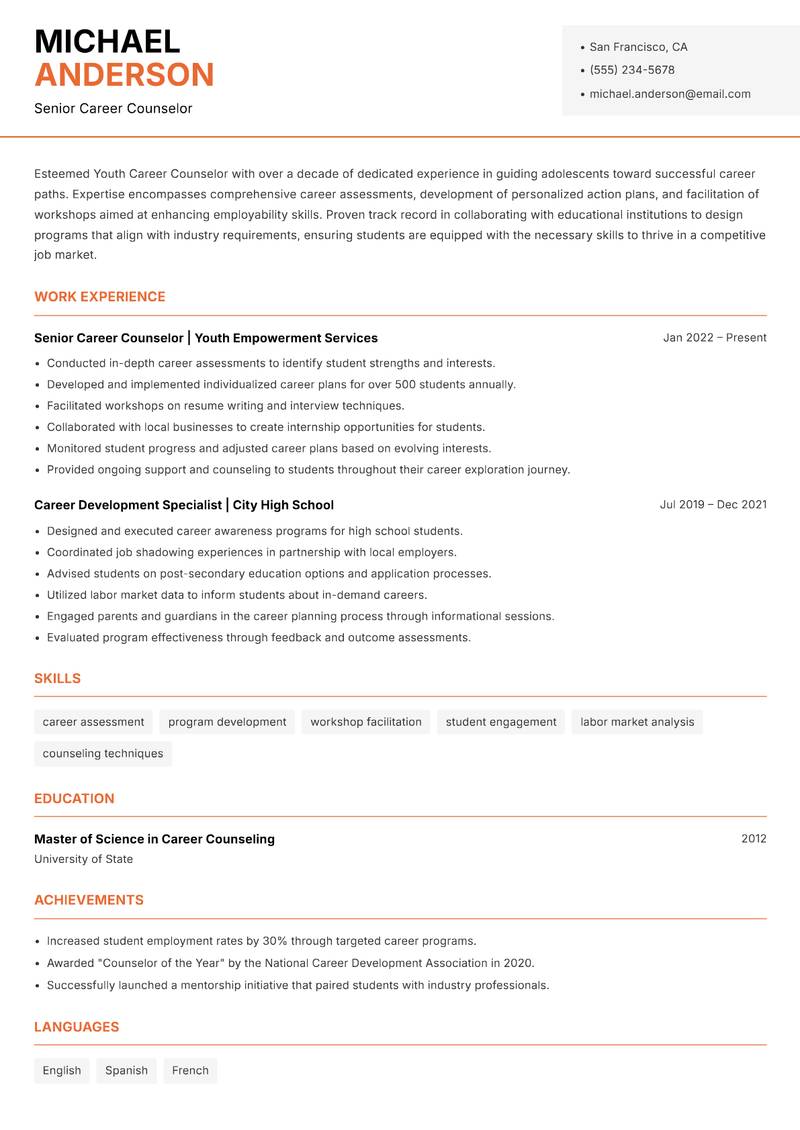 Youth Career Counselor resume sample — Senior Career Counselor focus