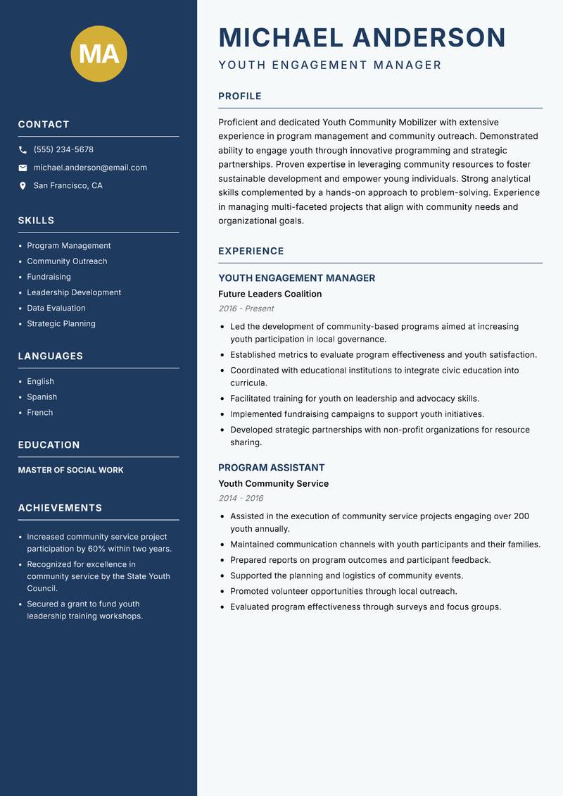Youth Community Mobilizer resume sample — Youth Engagement Manager focus