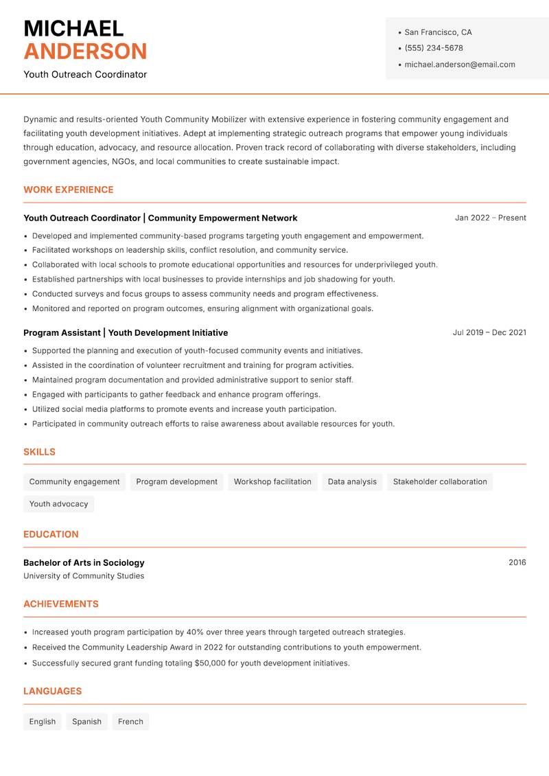 Youth Community Mobilizer resume sample — Youth Outreach Coordinator focus