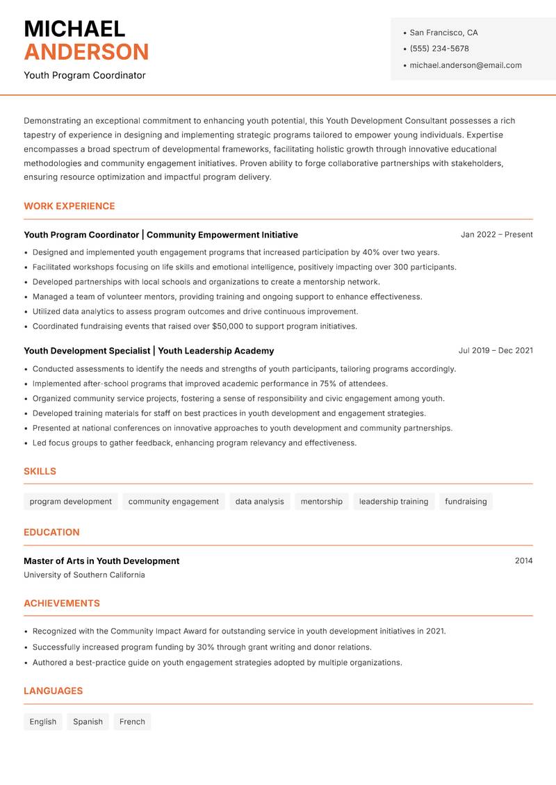 Youth Development Consultant resume sample — Youth Program Coordinator focus