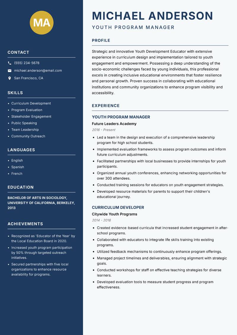 Youth Development Educator resume sample — Youth Program Manager focus