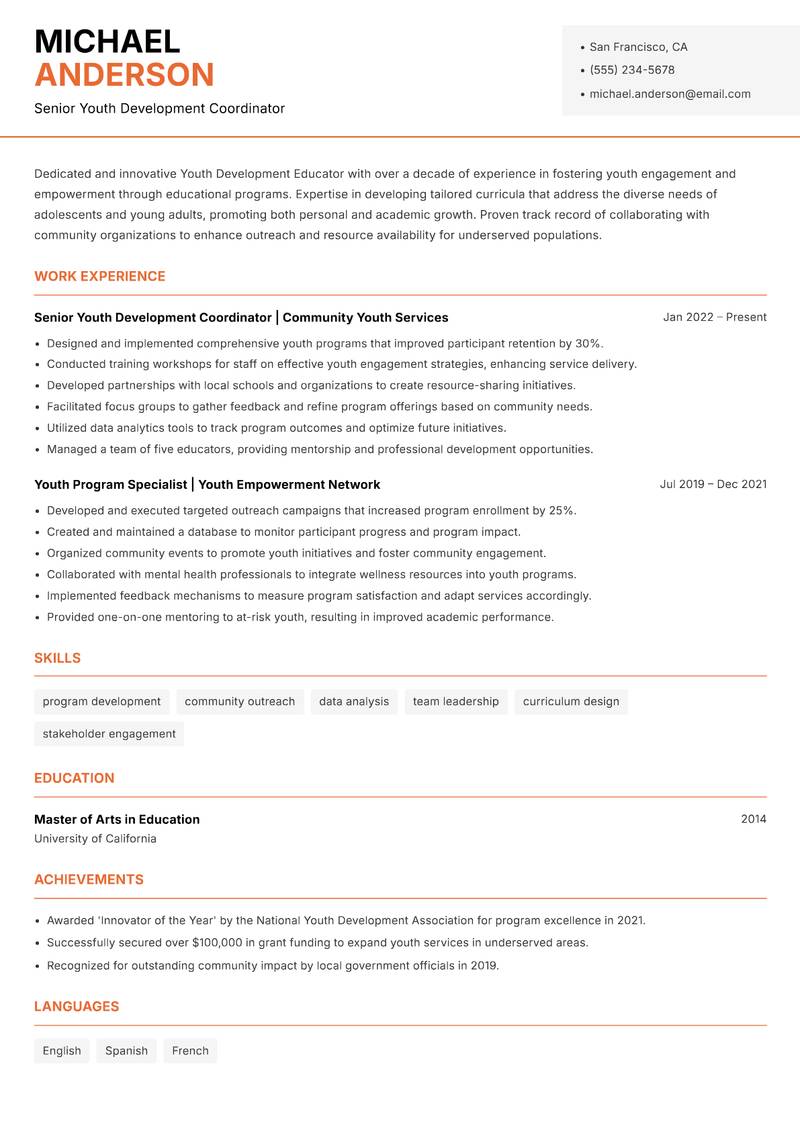 Youth Development Educator resume sample — Senior Youth Development Coordinator focus